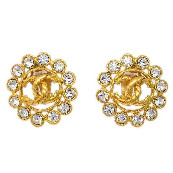 Chanel Gold Button Earrings Clip-On Rhinestone - Picture 1 of 4